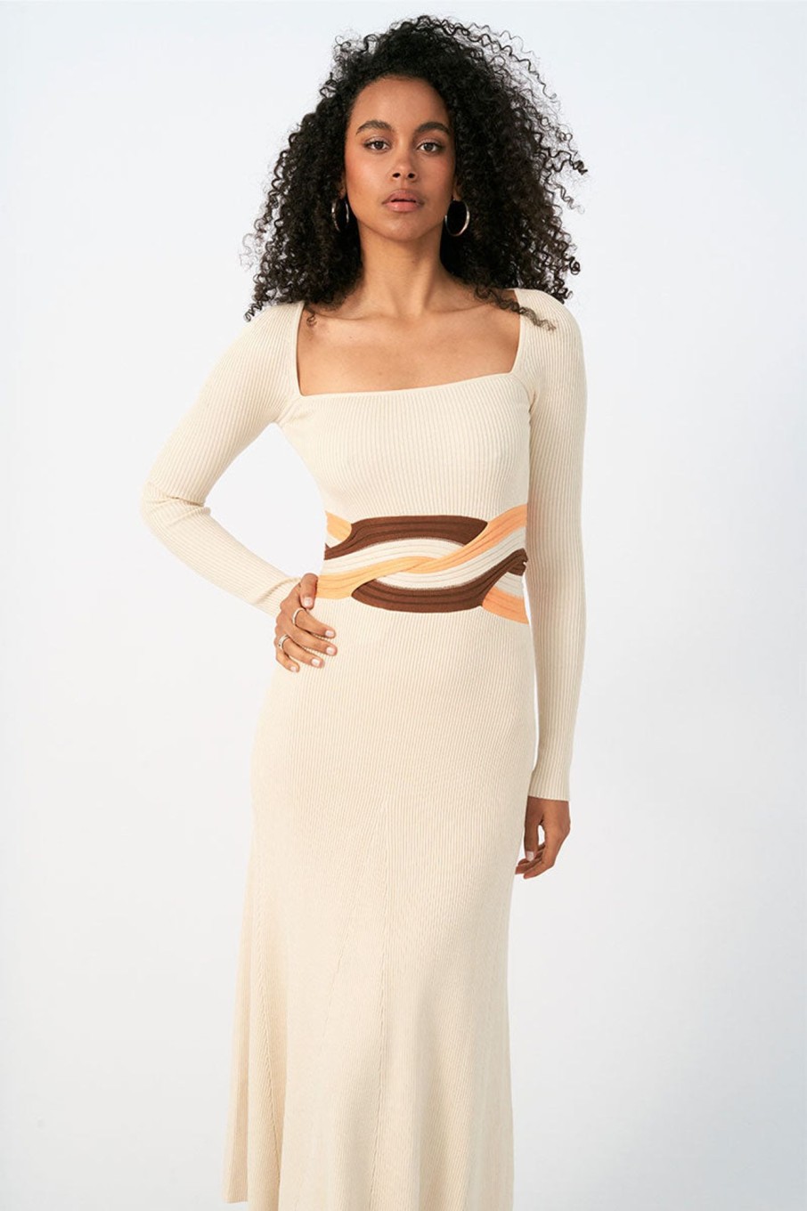 Dresses SOVERE | Inertia Knit Midi Dress - Cream / Moss