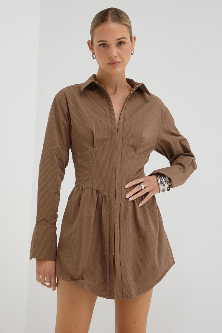 Dresses SOVERE | Reminisce Corset Shirt Dress - Carob